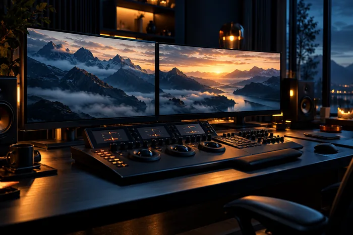 Cinematic editing and color grading suite with landscape imagery