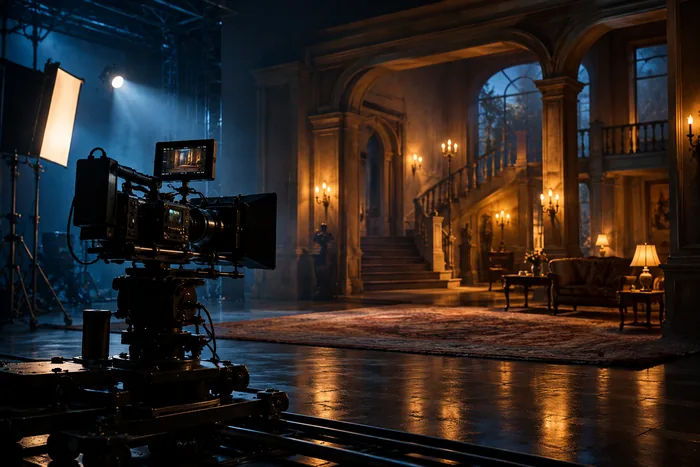 Cinema camera facing an illuminated architectural set on a soundstage